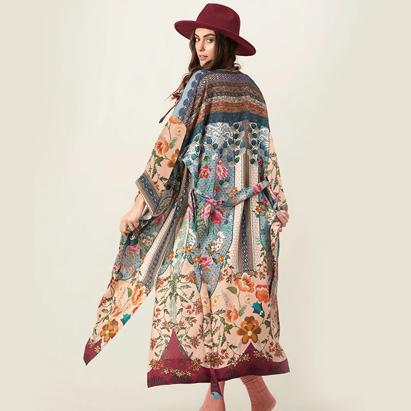 Супер шикарное Макси кимоно с цветочным принтом и v образным вырезом длинное