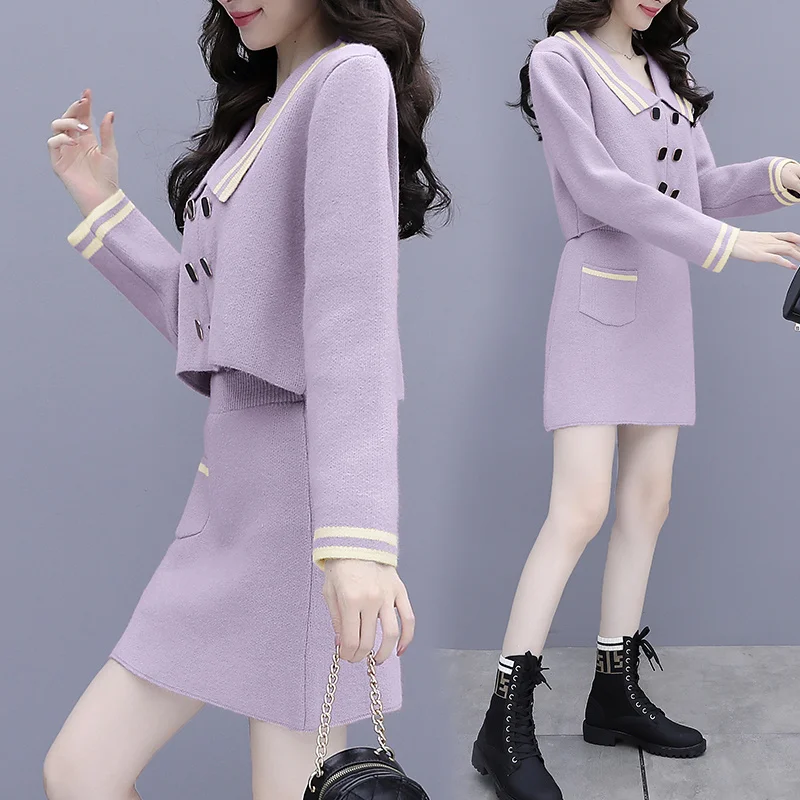 French Style Knitted Dress Suit Small Autumn and Winter Clothing New Waist-Tight Slimming Sweater Two-Piece Set | Женская одежда