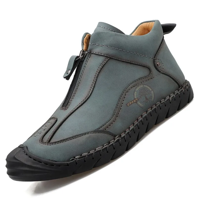 

Handmade Men's Ankle Boots Autumn Men's Leather Boots Warm Plush Men's Winter Shoes Front Zipper Outdoor Men Motorcycle Boots