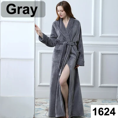 Women Grey Мужской удлиненный фланелевый зимний теплый халат размера плюс, вафельное кимоно, банный халат для женщин и мужчин, халат из кораллового флиса - Цвет: Women Grey