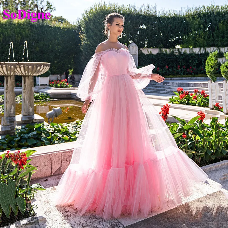 

SoDigne 2021 Tulle Prom Dresses Off The Shoulder Long Sleeves Women Evening Dress Pink Homecoming Party Gown