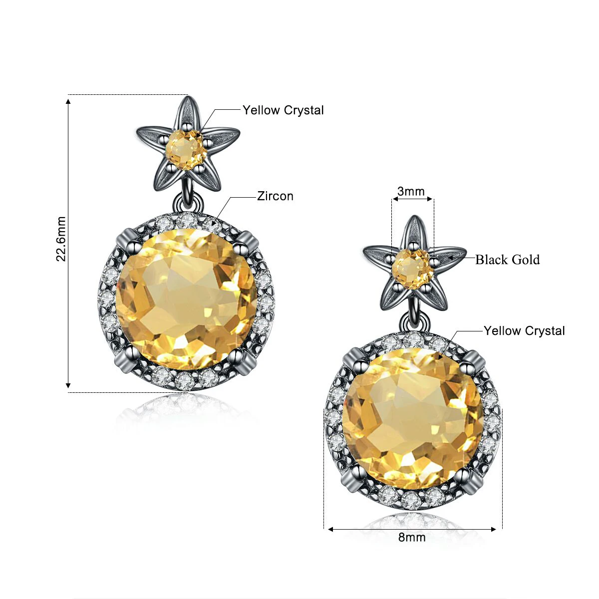 Женские серьги-гвоздики в готическом стиле с желтым цитрином черного и золотого