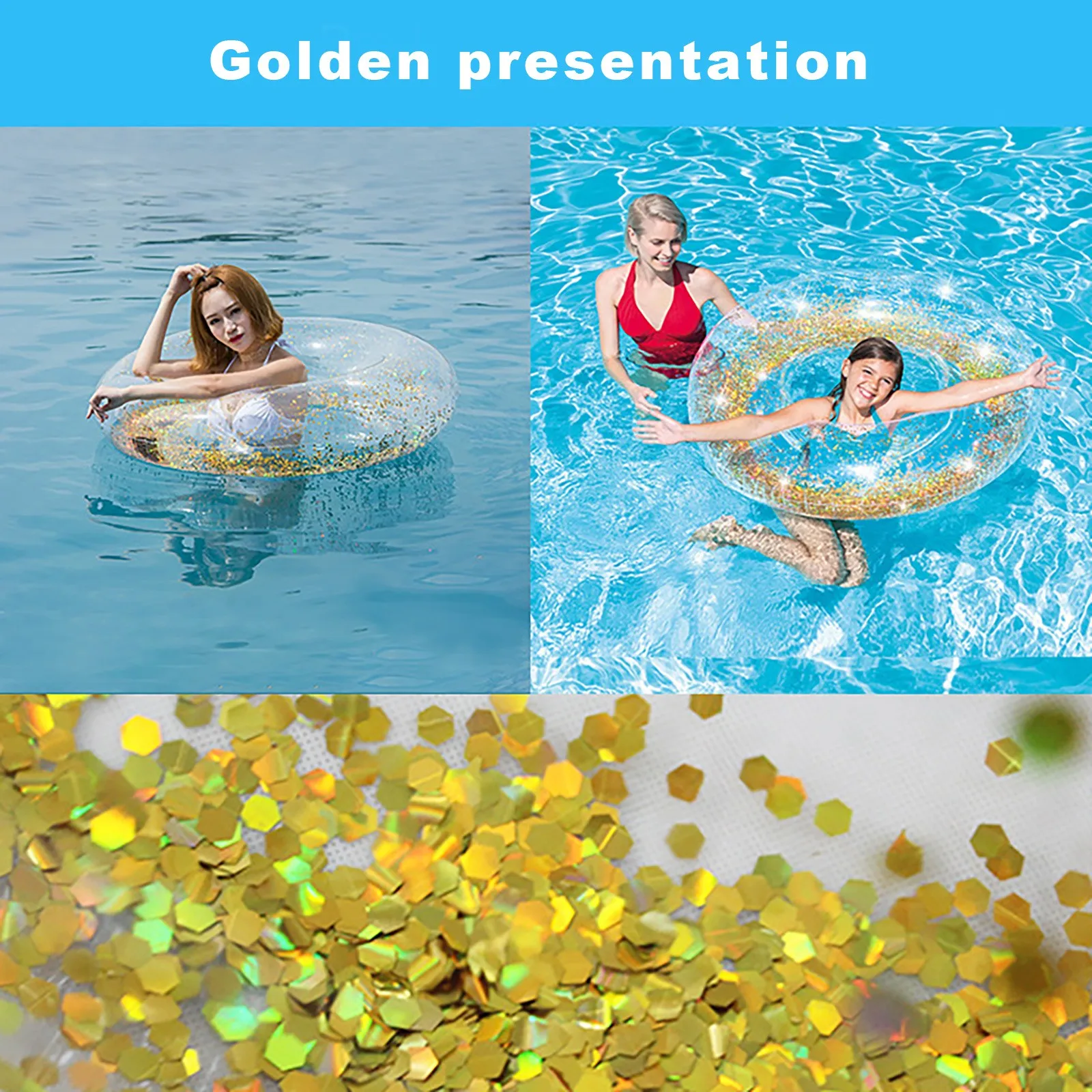 

Gitter Sequined Rainbow Gradient Inflatable Swimming Ring Pool Floats Translucent Water Circle Summer Beach Party Toys