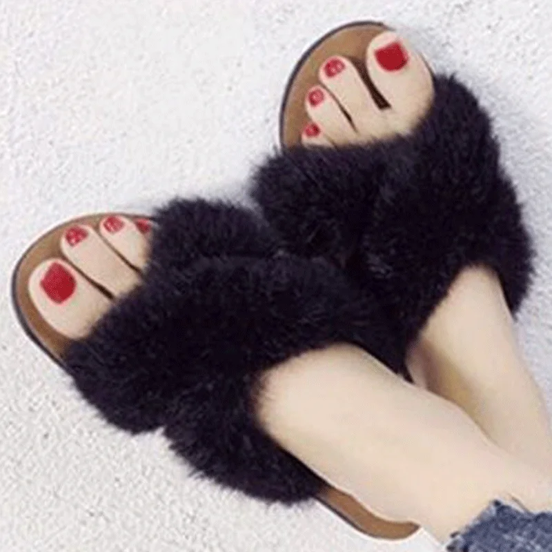 

Fur Cross-Tied House slippres Slides Non-slip Floor Home Slippers Women Warm Cozy Ladies Soft Furry Flat Shoes for Winter 2021