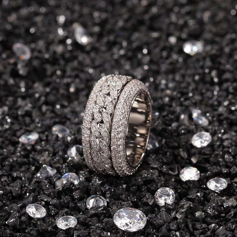 

Spinner Hip Hop Cuban Chain Ring Mircro Pave Cubic Zirconia White Gold Hiphop Bling Iced Out Finger Ring for Women Men Jewelry