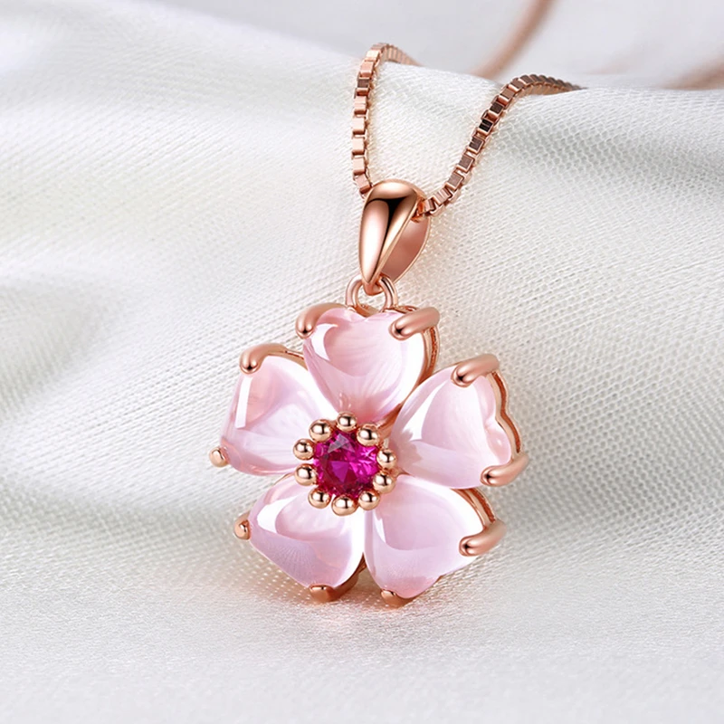 

Cherry Blossom Pendant Necklace Sweet Women's Pink Crystal Rose Gold Clavicle Chain Fashion Party Jewelry