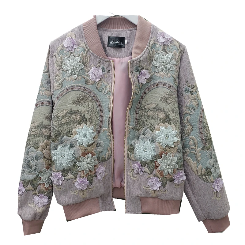 

Short Jacket 2020 Autumn Winter New Women's Industry Beaded Embroidered Flower Zipper Cropped Jackets Womens Baseball Coats