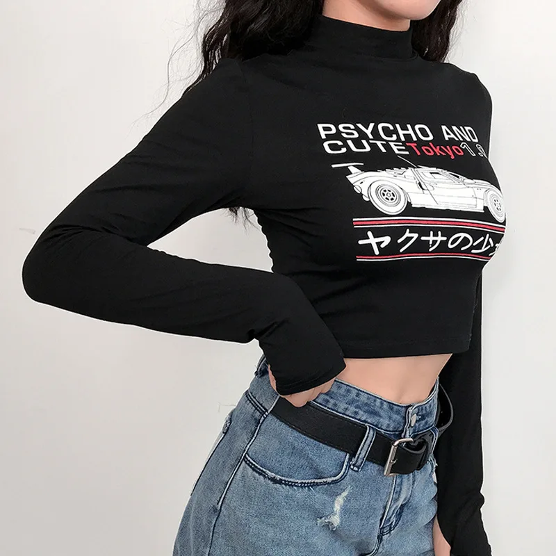 Женская футболка Goth черная облегающая с длинным рукавом и принтом в виде букв В