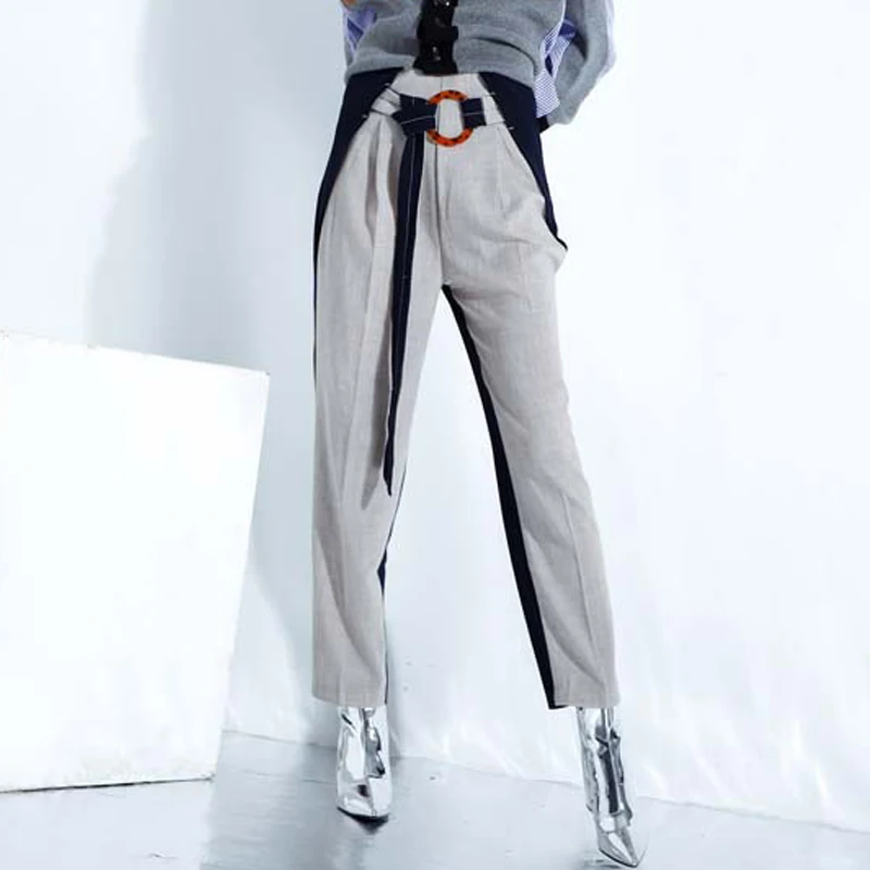 

Женские льняные брюки, элегантный ремень, два цвета, блок, Офисная Леди, контрастная строчка, брюки, широкие брюки, лоскутные прямые Палаццо