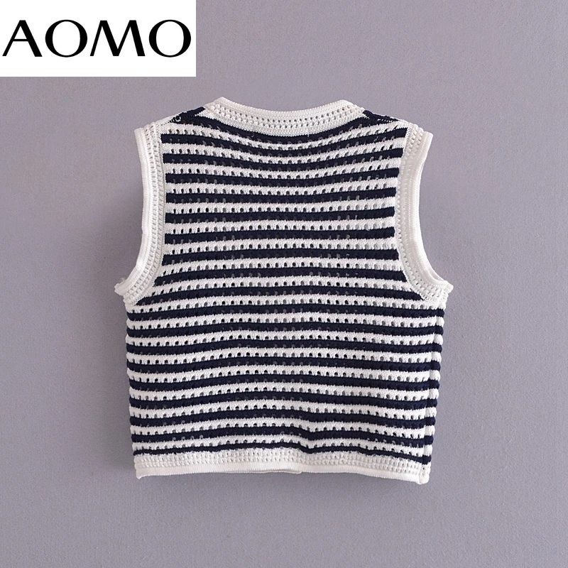 

AOMO Women Striped Pattern Cropped Tanks Top Sleeveless Backless Female Hollow Out Knit Tops SW41A