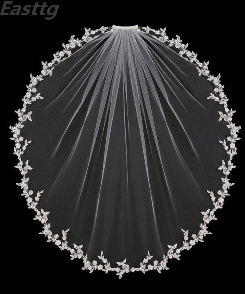 Фата свадебная с кружевной аппликацией однослойная Тюлевая короткая расческой