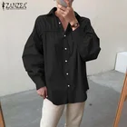 Богемная Повседневная мешковатая Праздничная рубашка ZANZEA, однотонная блузка с отворотами, пуговицами и манжетами, стильная Осенняя женская рубашка, рабочая блуза с длинным рукавом