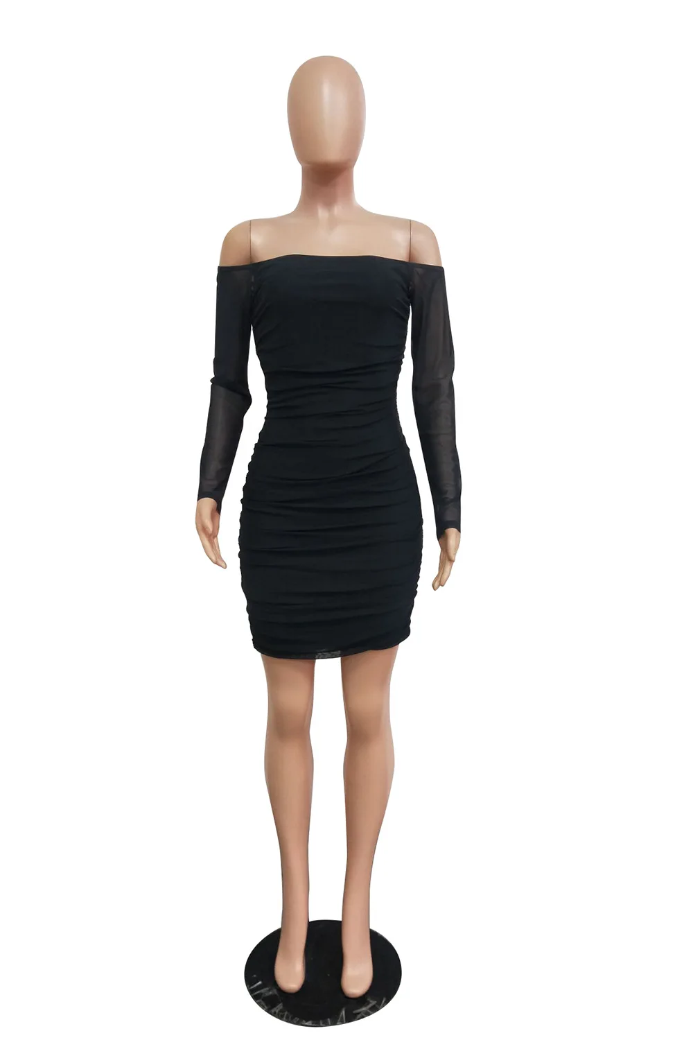 

Autumn New Women Solid Off The Shoulder V Neck Long Sleeve Bodycon Mini Party Dress