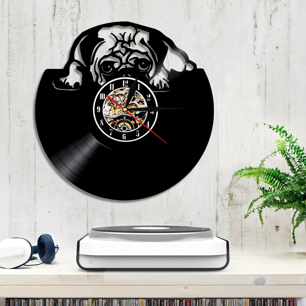 Настенные часы с виниловой пластиной украшение на стену в виде мопса собаки
