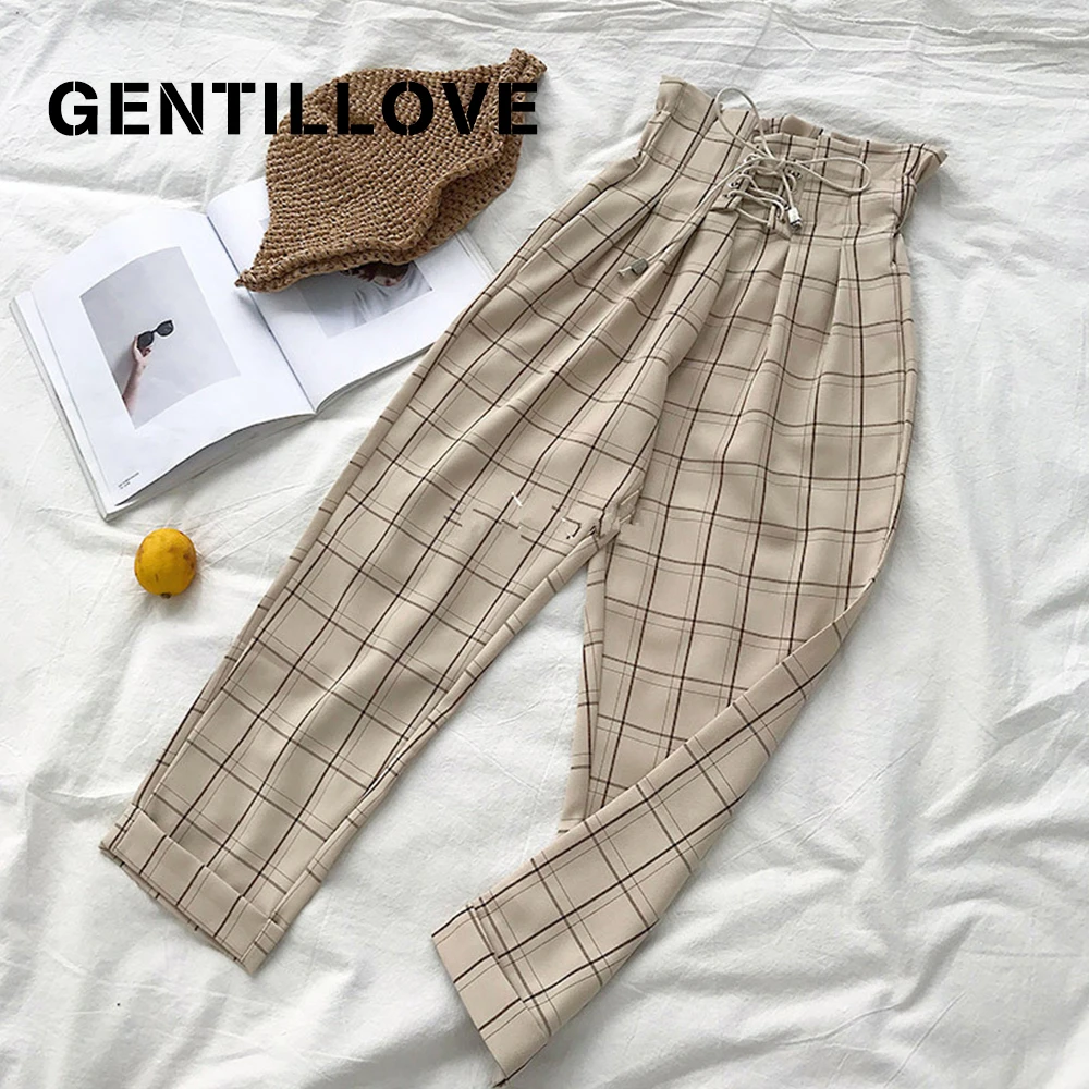 Брюки Gentillove женские с завышенной талией клетчатые повседневные свободные