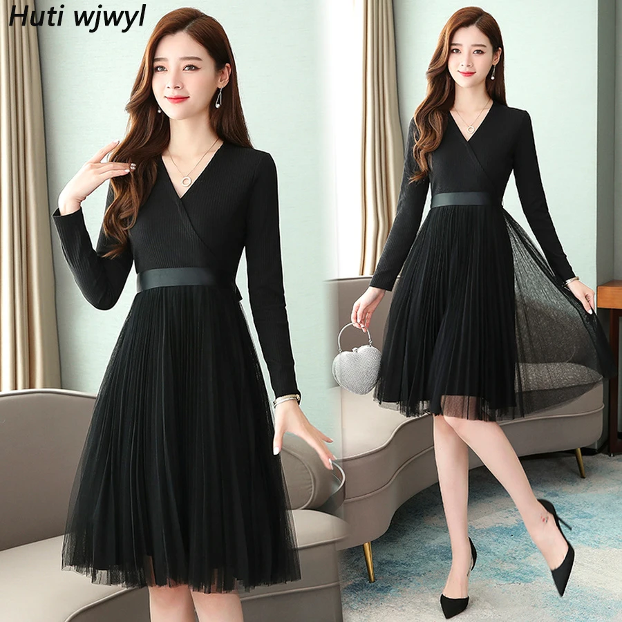 2021 в винтажном стиле Цвет Черный Из сетчатой ткани сексуальное миди платье осень