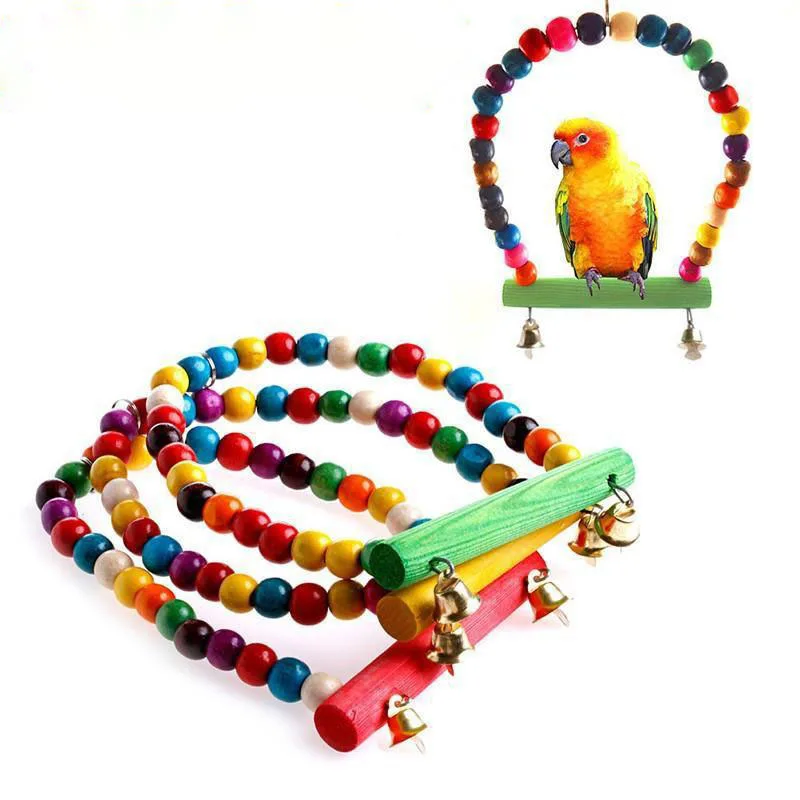 

1PC Natural Wooden Parrots Swing Toy Birds Colorful Beads Bird Supplies Bells Toys Perch Hanging Swings Cage for Pets