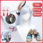 Genshin Impact Shenhe парик для косплея синий Длинные косички белого цвета Головные уборы термостойкие синтетические волосы Shenhe сапоги аксессуары