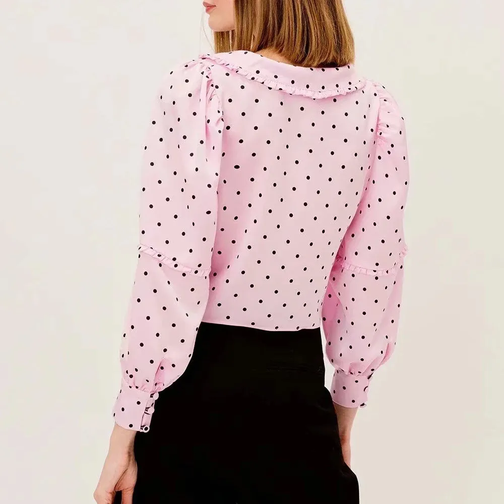 

Vintage Pink Long Sleeve Women's Polka Dot Peter Pan Collar Blouses 2020 kawaii Elegant Single-breasted Pleated Shirts for Lady