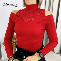elegant turtleneck blouse tops sexy off shoulder lace hollow out women shirts 2021 spring patchwork long sleeve solid top blusa