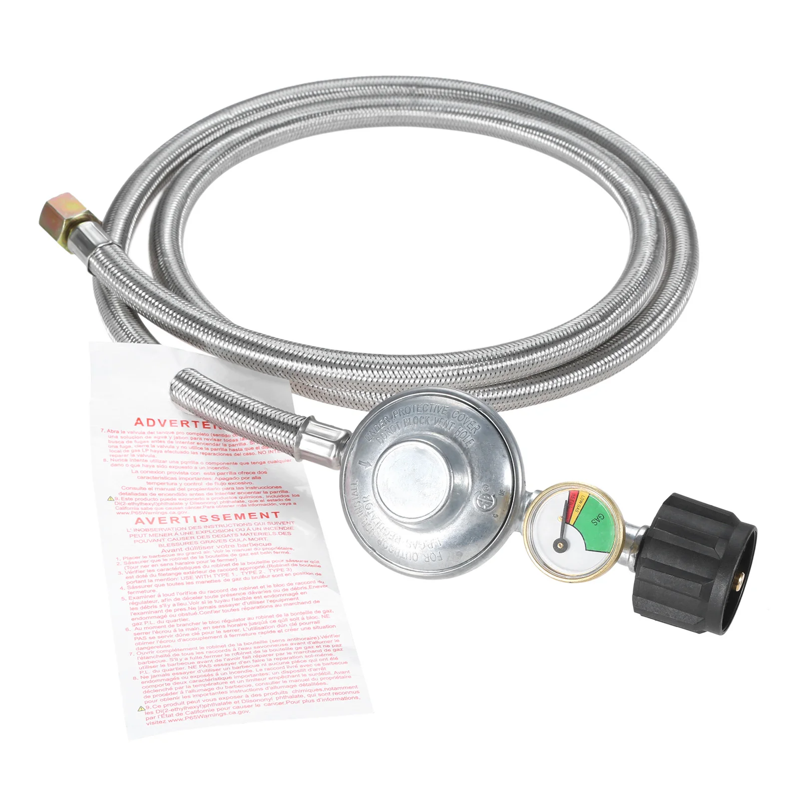 

5ft Stainless Braided Low Pressure Propane Regulator Hose with Gauge for Burner Stove Gas Water Heater Forced Air Heater Firepit