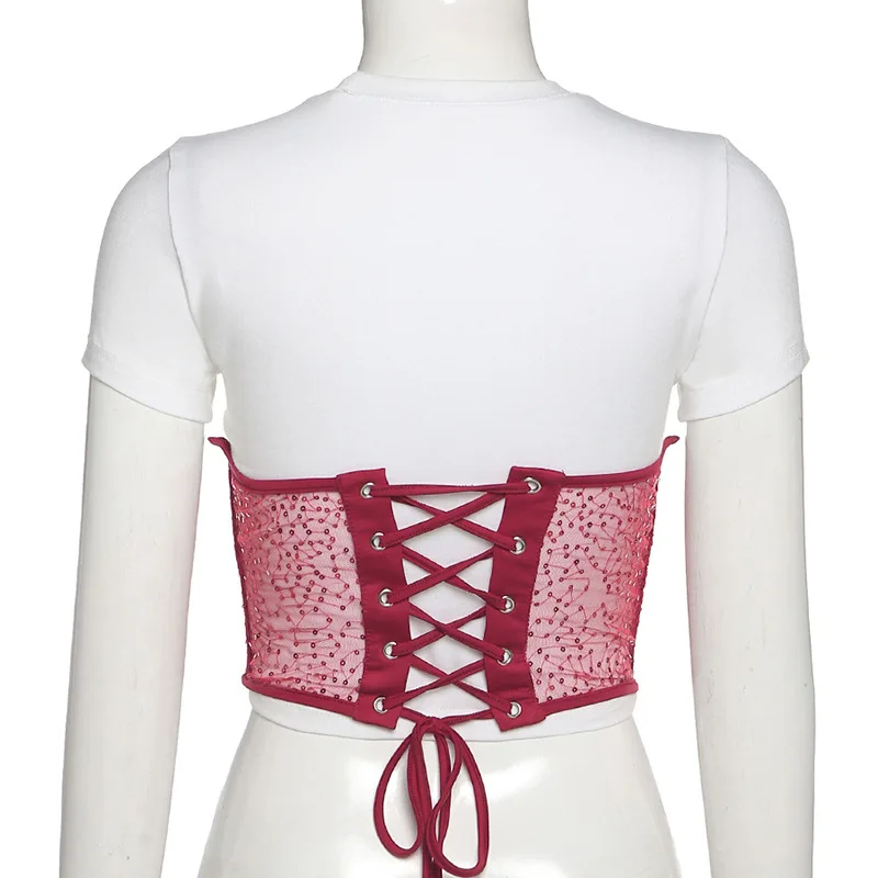 

Mesh Sequined Crop Top Sexy Lace Up Corsets Bustier For Women To Wear Out Push U[ Bralette Tops Ladies Shaperwear