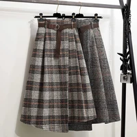 2021 new retro plaid skirt autumn and winter female a line skirt mid length irregular high waist thickened long skirt with belt
