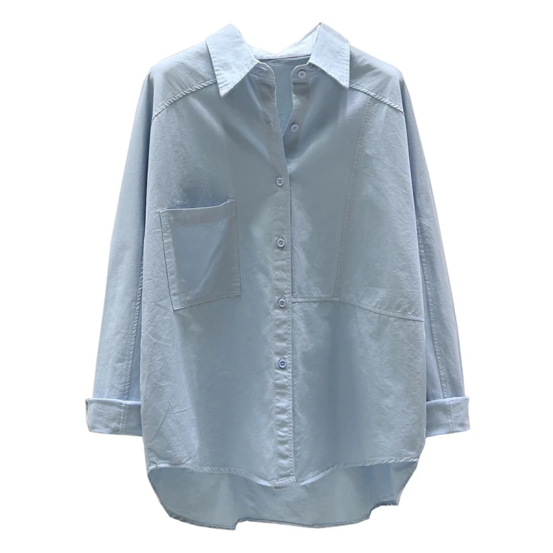 

SuperAen Short Before and Long After Single Pocket Shirt Women 2021 Autumn New Loose Casual Solid Full Top