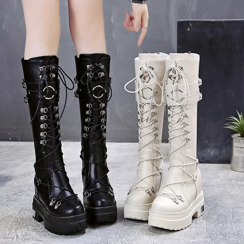 

Fashion Women's Knee High Boots PU Leather Wedge Heels Platform Knight Shoes Lace Up Black White B37