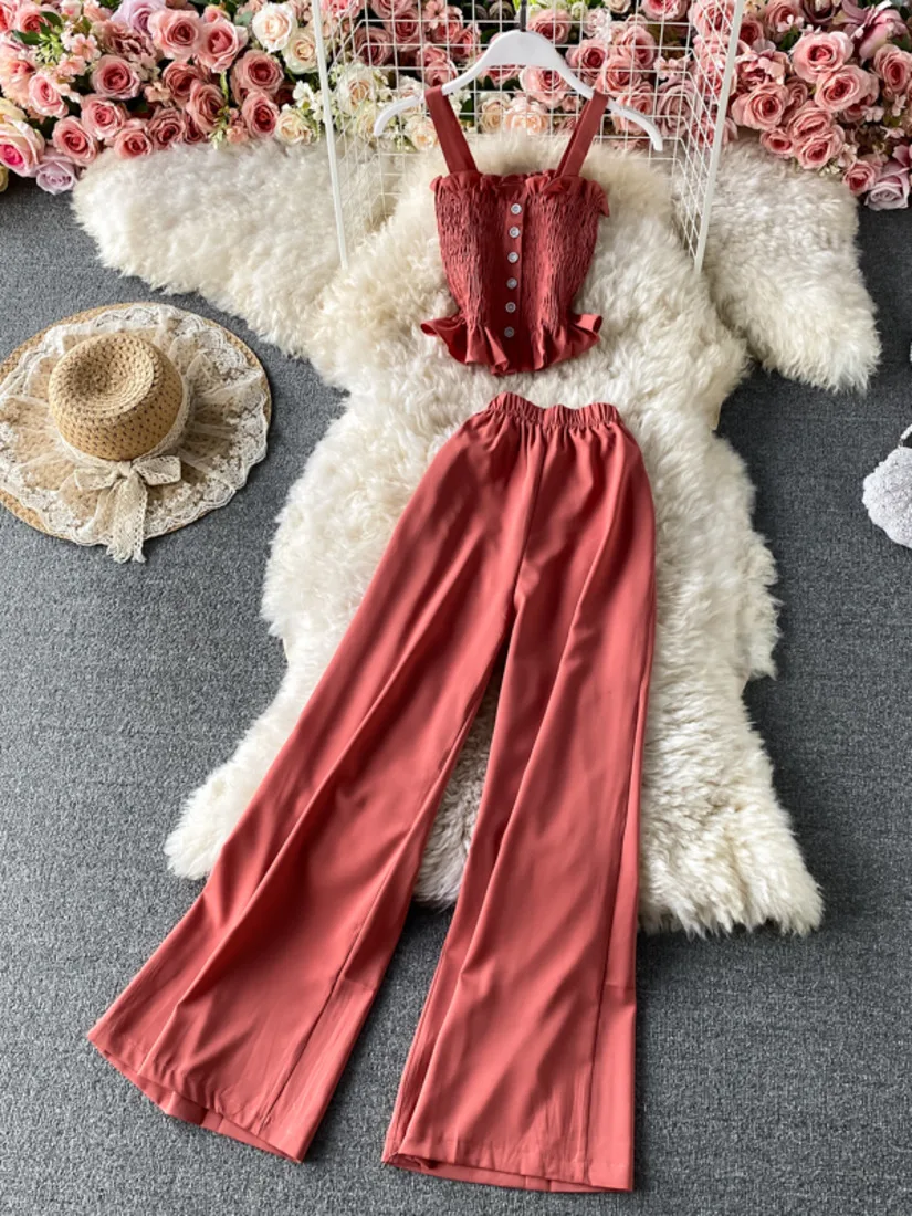 

Women's summer set High waist loose slim casual wide leg pants + summer short lotus leaf sling top for party causal OL