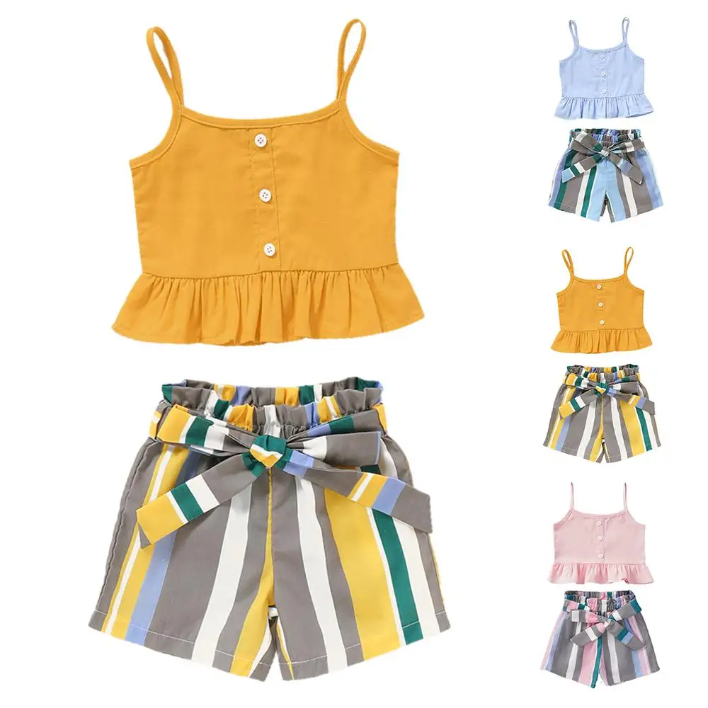 

Summer Girls Outfits Sets Kids Sleeveless Sling Vest and Striped Printed Shorts