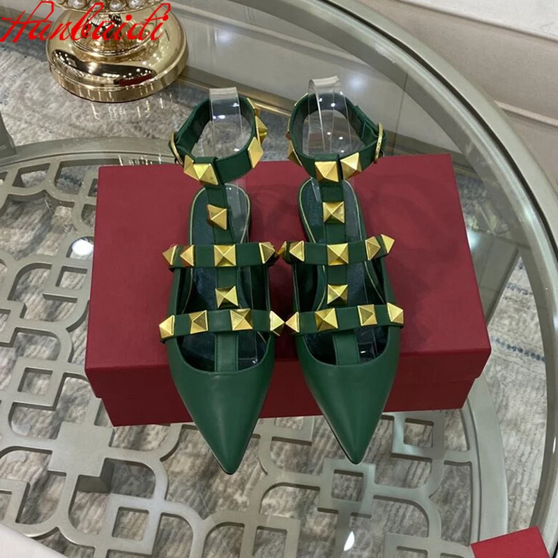 

Genuine Leather Luxury Women Flats Loafers Pointed Toe Sandals With Rivets Genuine Leather Lady Wedding Shoes Shoes Women 2021