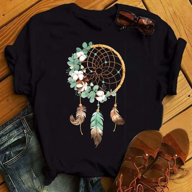 

Women's T-shirt Flower Dreamcatcher T-shirt Harajuku O-neck Black Top 90s Girls Streetwear Summer Casual Female Tops Tee