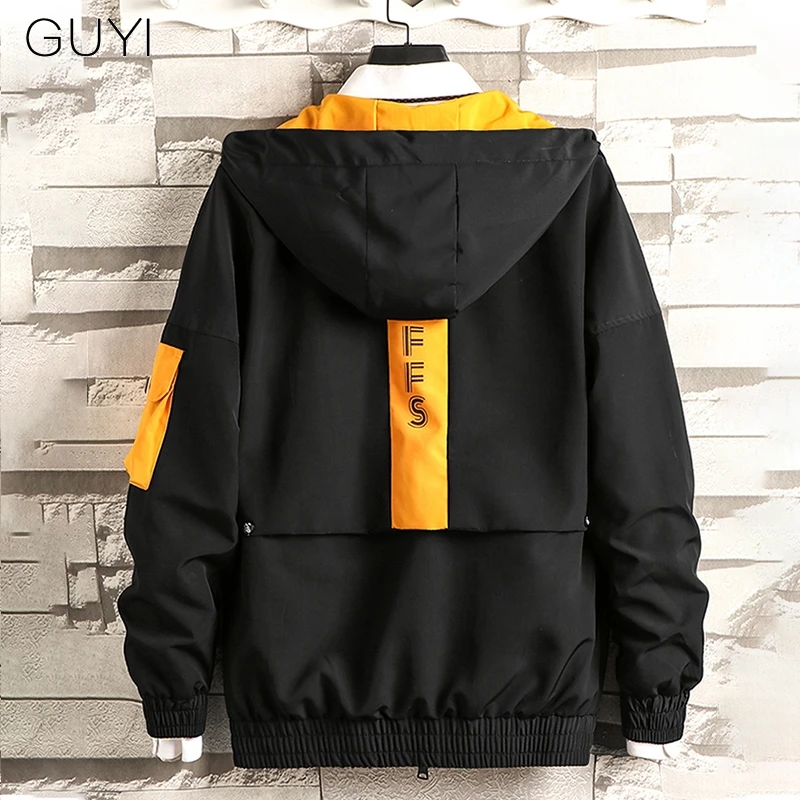 Куртка-бомбер GUYI Мужская черная ветровка с капюшоном и карманами пальто в стиле