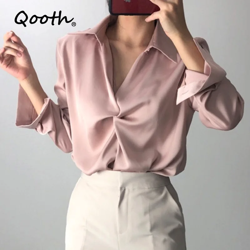 

Qooth Chic Elegant Blouses Temperament Twist Women Tops V-neck Long Sleeve Vintage Shirt Fashion Woman Blouses 2021 QT1323