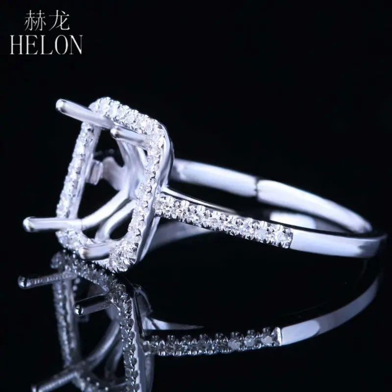 

HELON Solid 10K White Gold Pave 100% Genuine Natural Diamonds Semi Mount Engagement Wedding Ring Setting Fit 6x8mm Cushion Cut