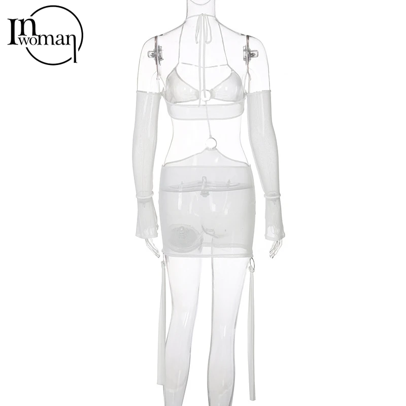 

Inwoman Sexy Club 2021 Summer See Through Mini Dress Women Sleeveless Sheath Backless Halter Short Party Bodycon Ladies Dresses