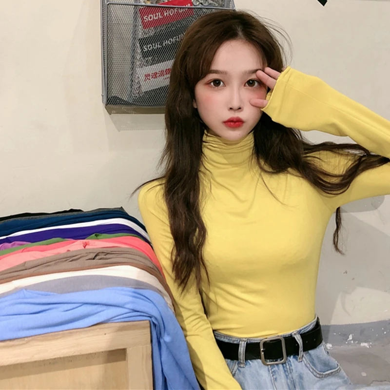 

Spring Autumn 15 Color Basic Tops Women Long Sleeve Slim Fit Turtleneck T-shirt Korean Style Ladies Girls Cute Blue Yellow Tops