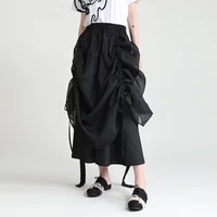 2021 summer women lace up black white punk skirt mid length pleated skirt