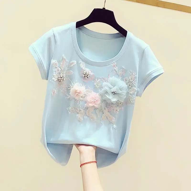 Весна лето 2020 новая синяя футболка женская трехмерная вышивка цветок Круглый