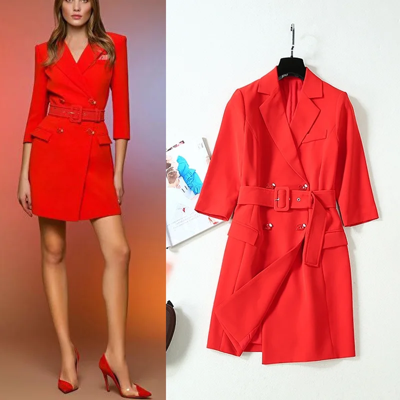 2019 осень и зима Новый Модный женский костюм воротник двубортный тонкий для