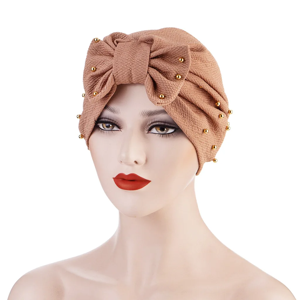 

New Women Elastic Turban Hat Muslim Hijab Islamic Beads Forehead cross butterfly Cap Ladies Hijab Stretch Hijab Cap Muslim Scarf