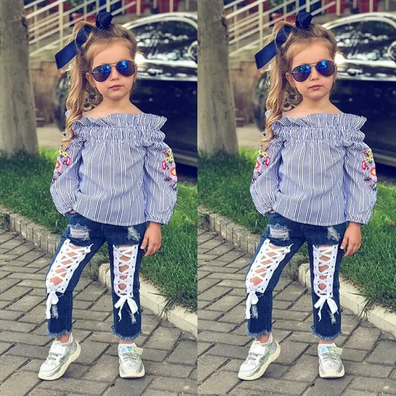 2020 New Toddler Clothes Girls Kids Flower Off Shoulder Tops Denim Trousers Jeans Children Girl 2PCS | Детская одежда и обувь