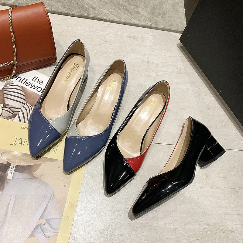 

Leather Pointed Toe Colorful Square Heels Party Shoes Women Sexy Concise Elegant Shoes Thick Heel Ladies Pumps Patent U18-68