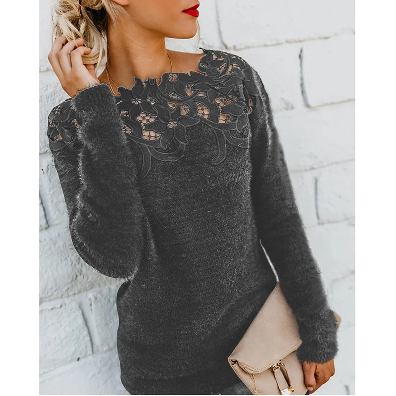 

2021 hot sale women's solid color stitching lace long-sleeved sweaterr aesthetic sweater dropshipping