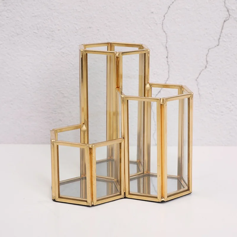

Gold Glass Vanity Organizer Makeup Brush Holder Organizer 3 Tube Copper Vintage Handmade Pen Cosmetic Accessories Box P7Ding