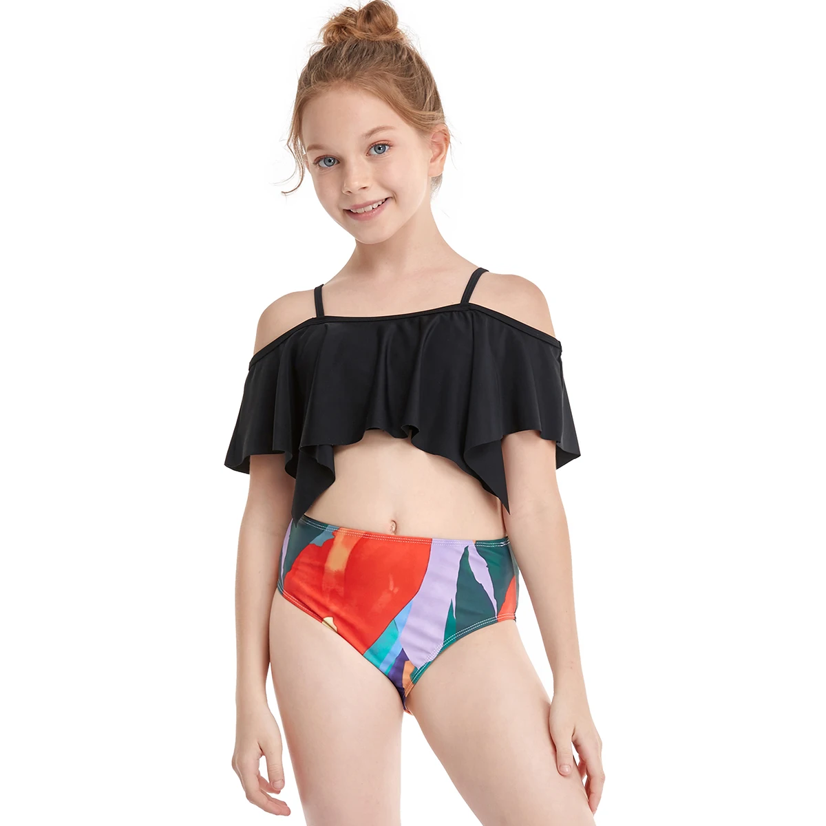 

Girls Red and Black Falbala Swimsuit Two Pieces Swimwear Children Beach Bathing Suits High Waisted Bikini Sets for Child