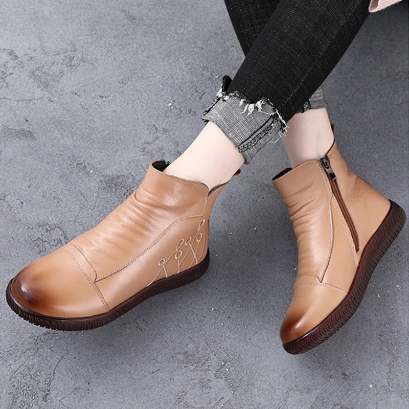 

TIMETANG Autumn Vintage Handmade Genuine Leather Ankle Boots For Women Winter Elegant Embroidery Warm Plush Ladies Short Boots