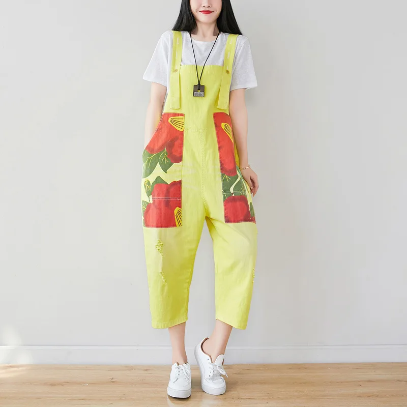 

Рваный джинсовый комбинезон, Женский Летний комбинезон, модель 2021 года, Свободные повседневные Мытые брюки с нагрудником и тремя петлями на...