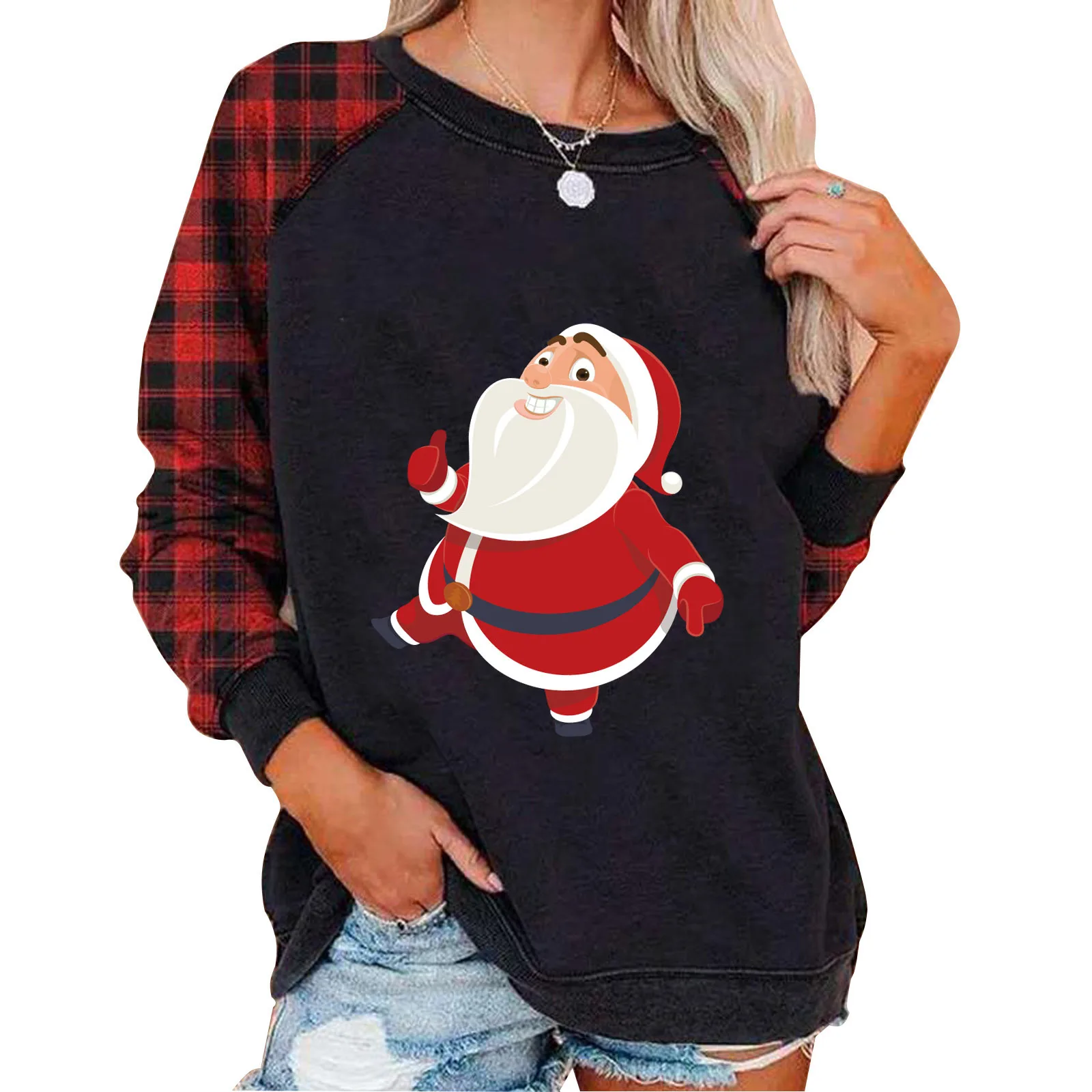 

t Shirt Female Plaid Women's Fashion t Shirt Christmas Printed Top Women Long Sleeve Pullovers Patchwork Xmas Ladies Casual Top